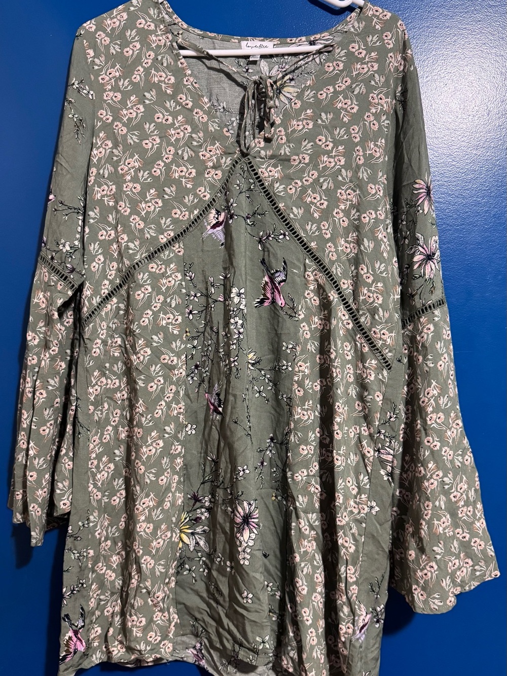 love, Fire Olive Green Floral Tie-Neck Boho dress